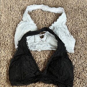 Lace Halter Bralette Set - Black and Light Gray
